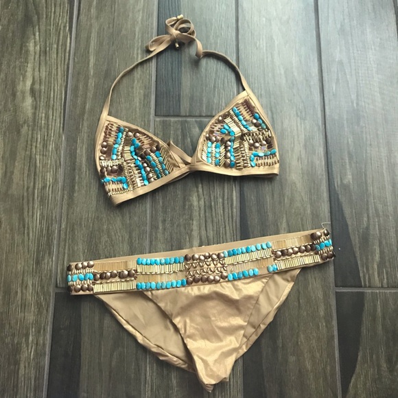 Beach Bunny Other - Beach Bunny Bronze Bikini Set Beaded Stones L/XL